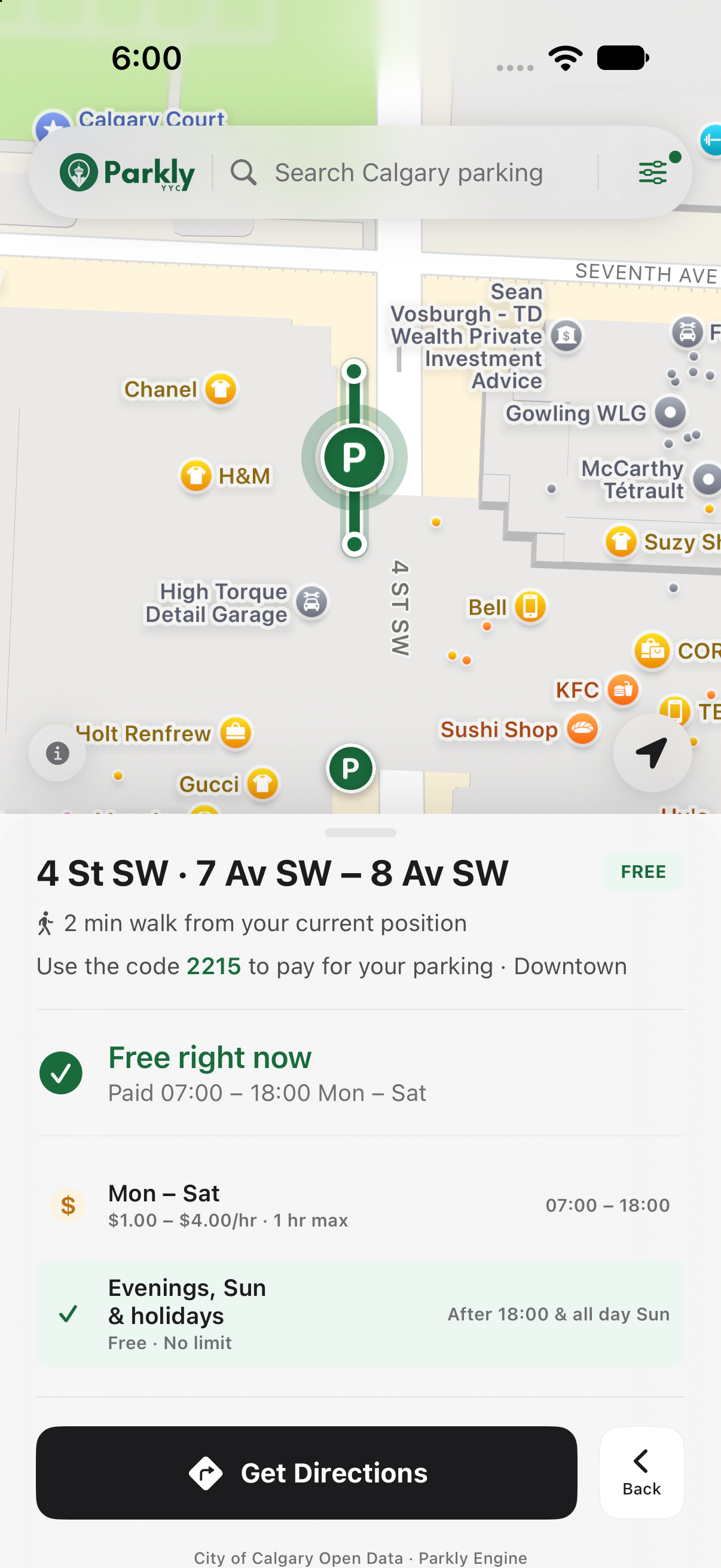 Parkly YYC map of downtown Calgary showing 4 St SW between 7 Av and 8 Av SW as free right now, with ParkPlus code 2215 and a Get Directions button.